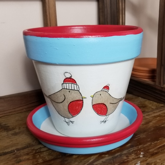 Hand Painted Decoupaged Red, White & Light Blue 6" Flower Pot, Matching Saucer - Picture 1 of 7